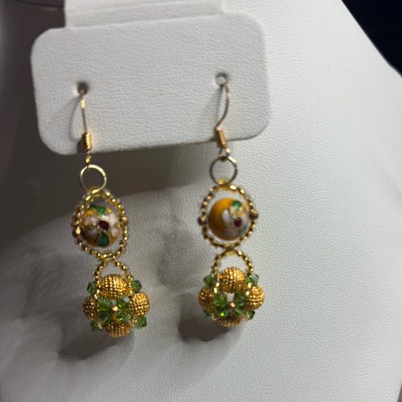 Hand Crafted cloisonné earrings gold tone beads green and gold glass beads 2 in - Picture 6 of 6